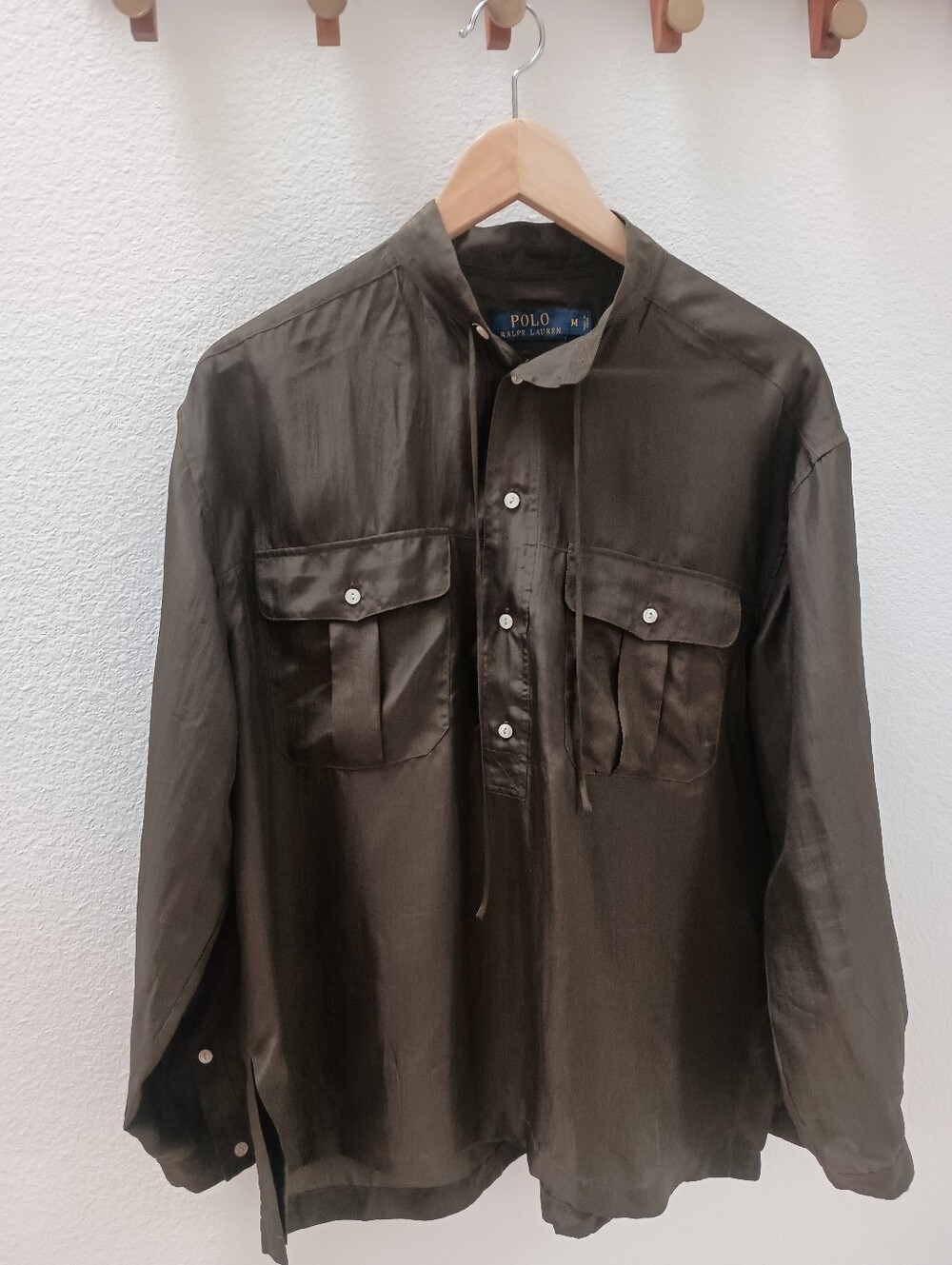 Polo Ralph Lauren Olive Green 100% Silk Popover Utility Safari Blouse Size M